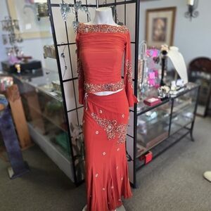 Vintage Beaded Burnt Orange Two-Piece Evening Set 100% Silk